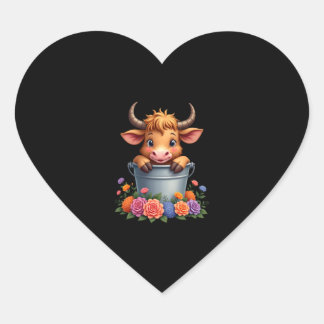 Sticker Cœur Joli bébé vache des Highlands avec fleurs Veau Ani