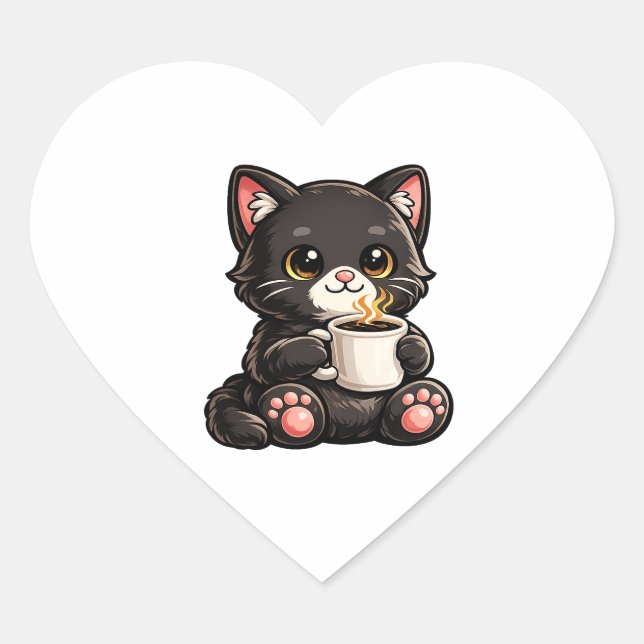 Sticker Cœur Joli Chat Noir avec Café (Devant)