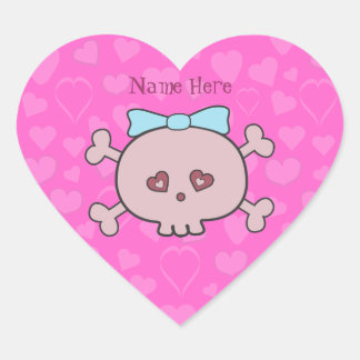 Sticker Cœur Joli crâne en caricature rose & Coeurs Personnalis
