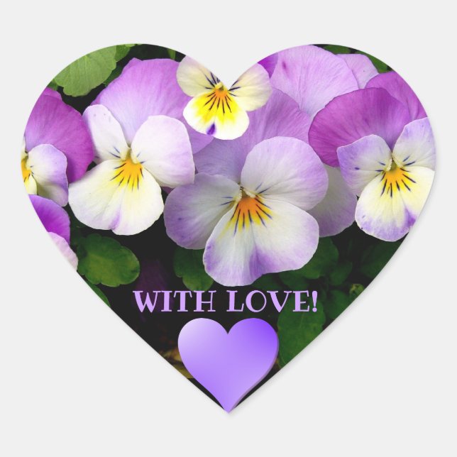 Sticker Cœur Joli Mauve Pansies et coeur avec amour (Devant)
