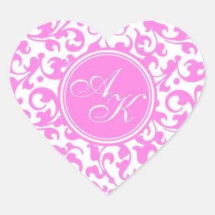 Sticker Cœur Joli Monogramme rose et blanc Damas