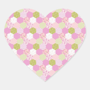 Sticker Cœur Joli Pastel Rose Vert Patchwork Design Quilt