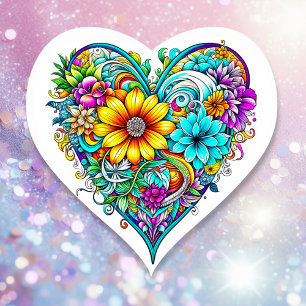 Sticker Cœur Joli Turquoise coeur floral pourpre   Saint-Valent
