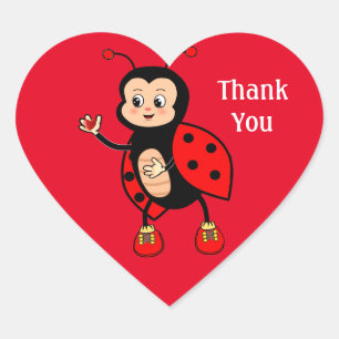 Sticker Cœur Jolie coccinelle et cœur sur fond rouge Merci