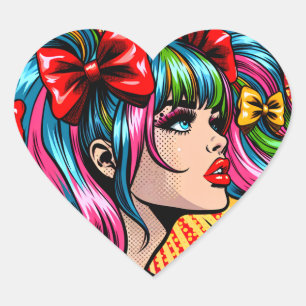 Sticker Cœur Jolie Pop Art Comic Girl with Bows