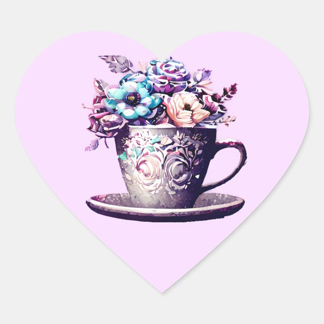 Sticker Cœur Jolie Teacup Vintage avec Fleurs (Devant)