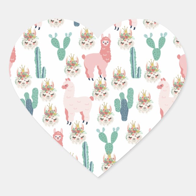 Sticker Cœur Jolis lama pink et cactus vert  (Devant)