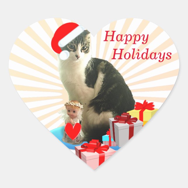 Sticker Cœur Joyeuses Fêtes Chat de Noël & Ange (Devant)