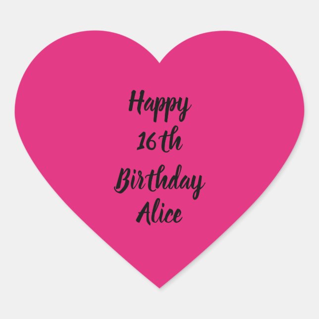 Sticker Cœur Joyeux 16e anniversaire rose noir Nom personnalisé (Devant)