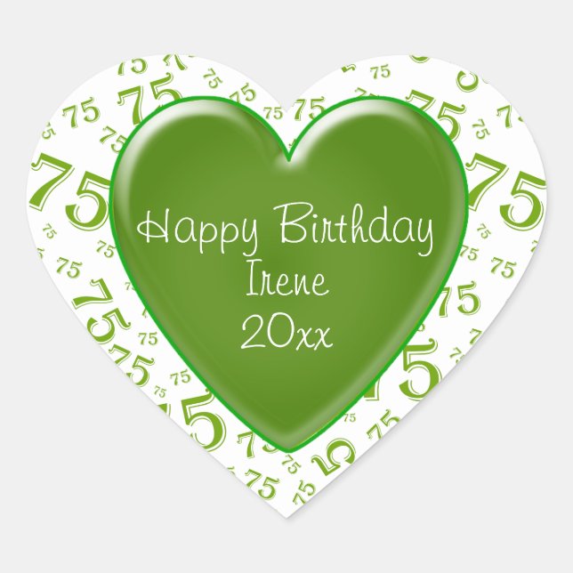 Sticker Cœur Joyeux anniversaire : 75e Motif numérique vert/bla (Devant)