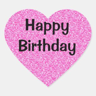 Sticker Cœur Joyeux Anniversaire Noir Rose Chaud Paillettes Éti