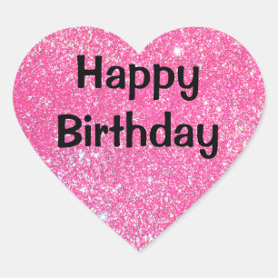 Sticker Cœur Joyeux Anniversaire Noir Rose Chaud Paillettes Éti