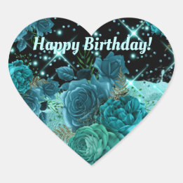 Sticker Cœur Joyeux anniversaire | Roses Turquoises avec Partie