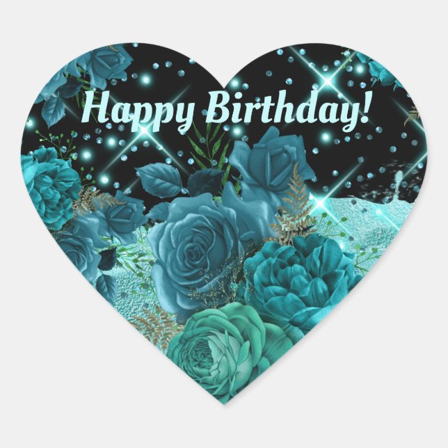 Sticker Cœur Joyeux anniversaire | Roses Turquoises avec Partie (Devant)