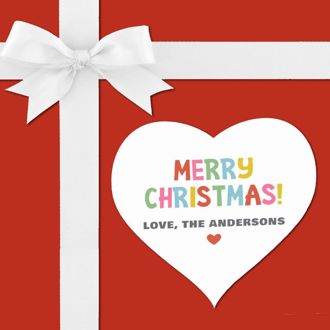 Sticker Cœur Joyeux Noël Couleurs Modernes (A cute heart shaped sticker with the words Merry Christmas is colorful typography.)