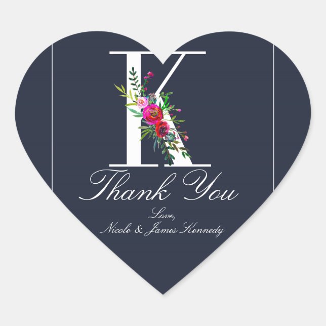 Sticker Cœur K Monogramme Dernière Initiale Moderne Bleu Floral (Devant)