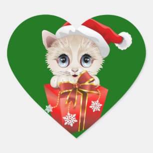 Sticker Cœur Kitten Noël Père Noël avec cadeau
