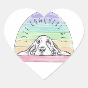 Sticker Cœur l'amour conquiert tout chien arc-en-ciel basset ho