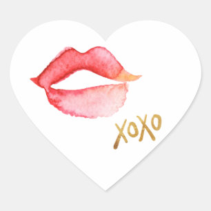 Sticker Cœur Lèvres et feuille d'or XOXO d'aquarelle