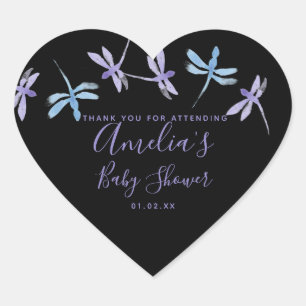 Sticker Cœur Libellules Peintes à la Main Baby Shower Noir