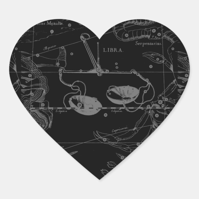 Sticker Cœur Libra Constellation Hevelius 1690 Carte sur Noir (Devant)