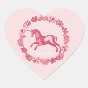 Sticker Cœur Licorne rose et fleurs