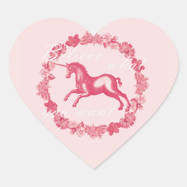 Sticker Cœur Licorne rose et fleurs (Devant)
