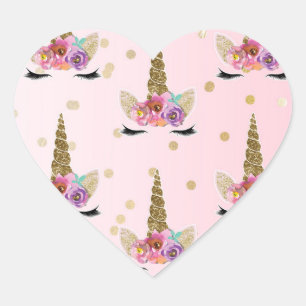 Sticker Cœur Licorne Rose et Or Fleur Horn Anniversaire