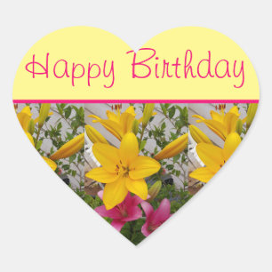 Sticker Cœur Lily Flower Rouge Jaune floral Joyeux anniversaire