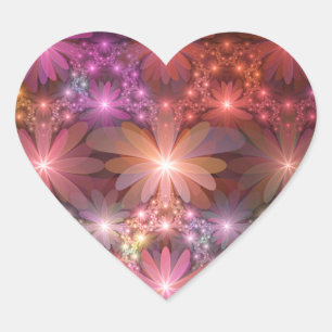 Sticker Cœur Lit De Fleurs Coloré Brillant Art Fractal Abstrait