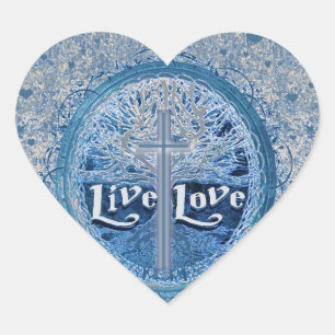 Sticker Cœur Live Love Cross Blue Tree of Life Motif