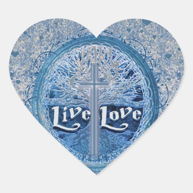 Sticker Cœur Live Love Cross Blue Tree of Life Motif (Devant)