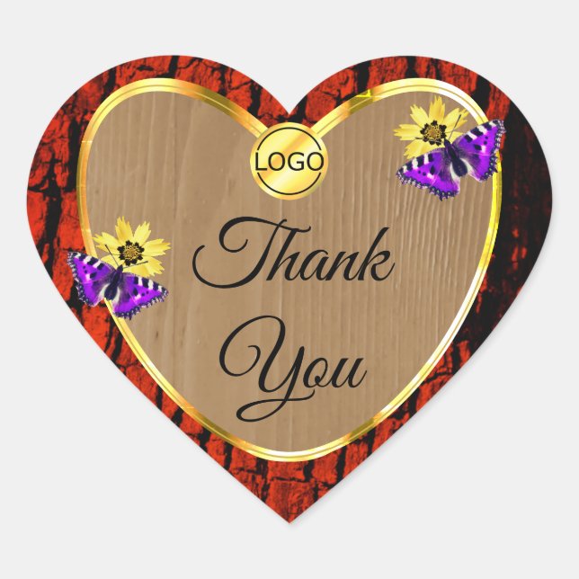 Sticker Cœur Logo Merci Papillons Violets Bois Rustique (Devant)