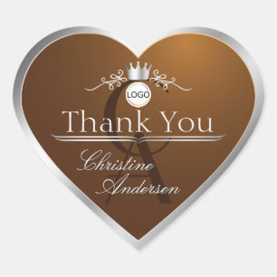 Sticker Cœur Logo Monogramme Merci Cadre Argent Brun Noix