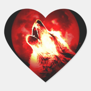 Sticker Cœur Loup, lune et ciel rouge