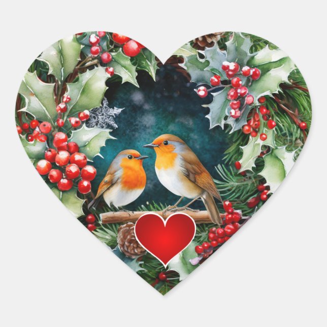 Sticker Cœur Loving robins, holly and heart  (Devant)