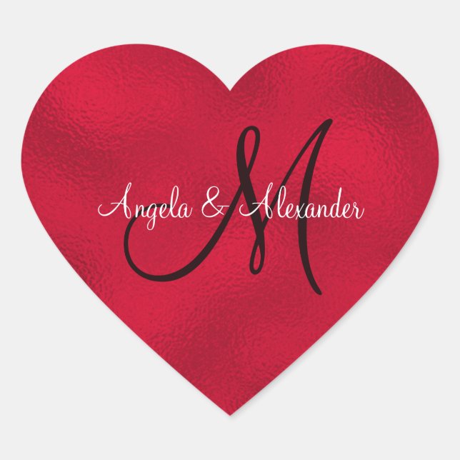 Sticker Cœur Luxueux Faux Red Foil Monogramme nouvellement mari (Devant)