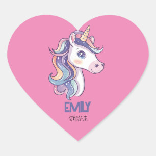 Sticker Cœur Magique Cute Sparkly Pastel Unicorn avec nom enfan