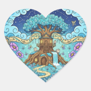 Sticker Cœur Maison dans l'arbre sous la lune Fantastique illus