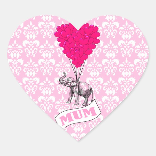 Sticker Cœur Maman avec un éléphant rose (Devant)