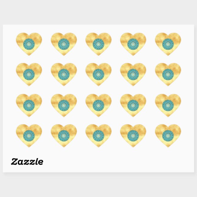 Sticker Cœur Mandala bleu or sur fond or doux (Feuille)