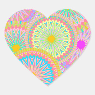 Sticker Cœur Mandala superposé rose bleu jaune menthe violet