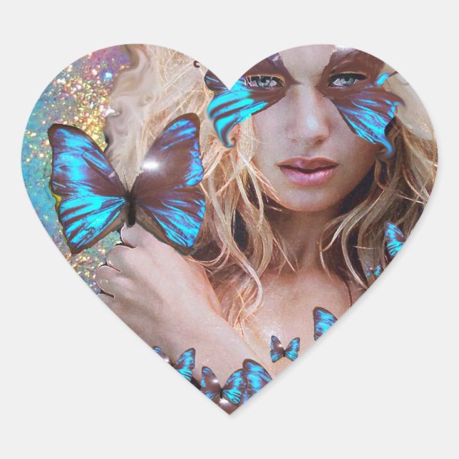 STICKER CŒUR MAQUILLEUSE DE BEAUTÉ PAPILLON BLEU (Devant)