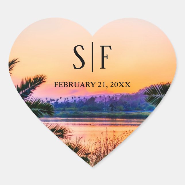 Sticker Cœur Mariage à cordes Tropical Beach Sunset (Devant)