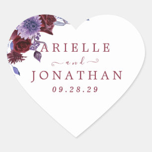 Sticker Cœur Mariage aquarelle florale violet et blanc