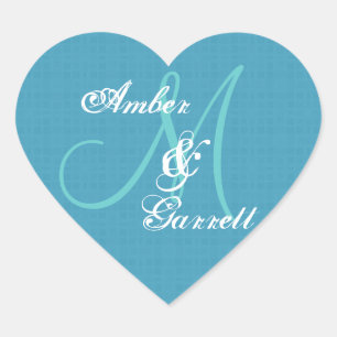 Sticker Cœur Mariage bleu Damask Monogramme Toute V06 initiale