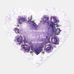 Sticker Cœur Mariage Cœur et Roses Aquarelle Violette