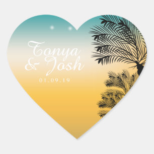 Sticker Cœur Mariage couché de soleil de palmiers tropicaux