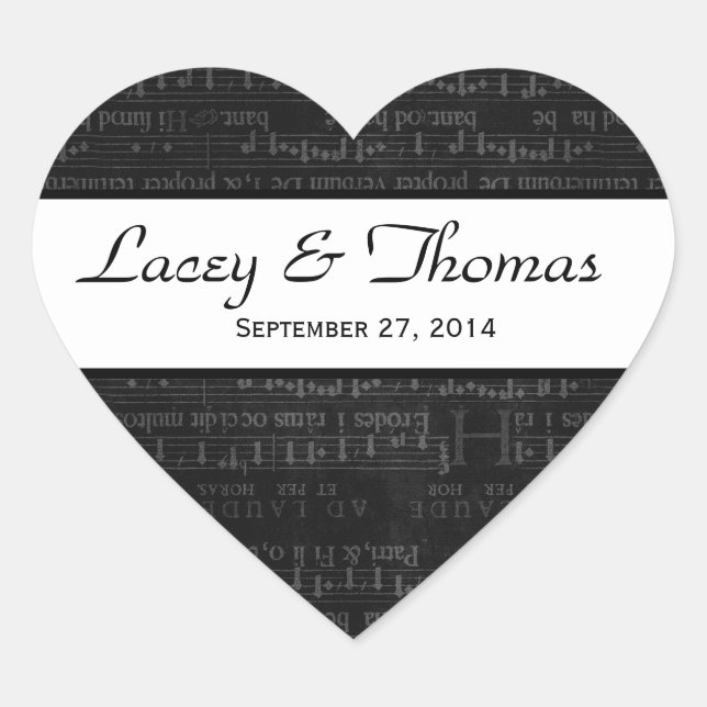 Sticker Cœur Mariage Damask Black and White Music Notes (Devant)