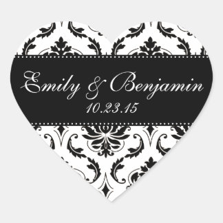 Sticker Cœur Mariage damassé blanc et noir Favoriser